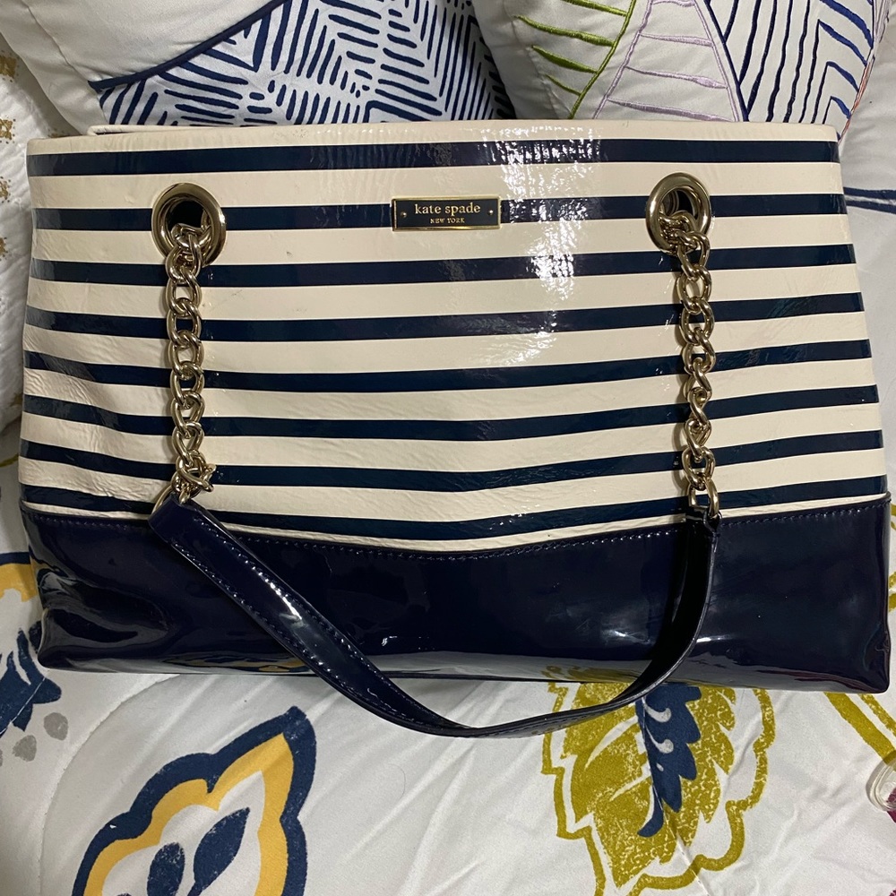 NWT Kate Spade New York Elana Montrose Navy Stripe Nautical patent leather tote